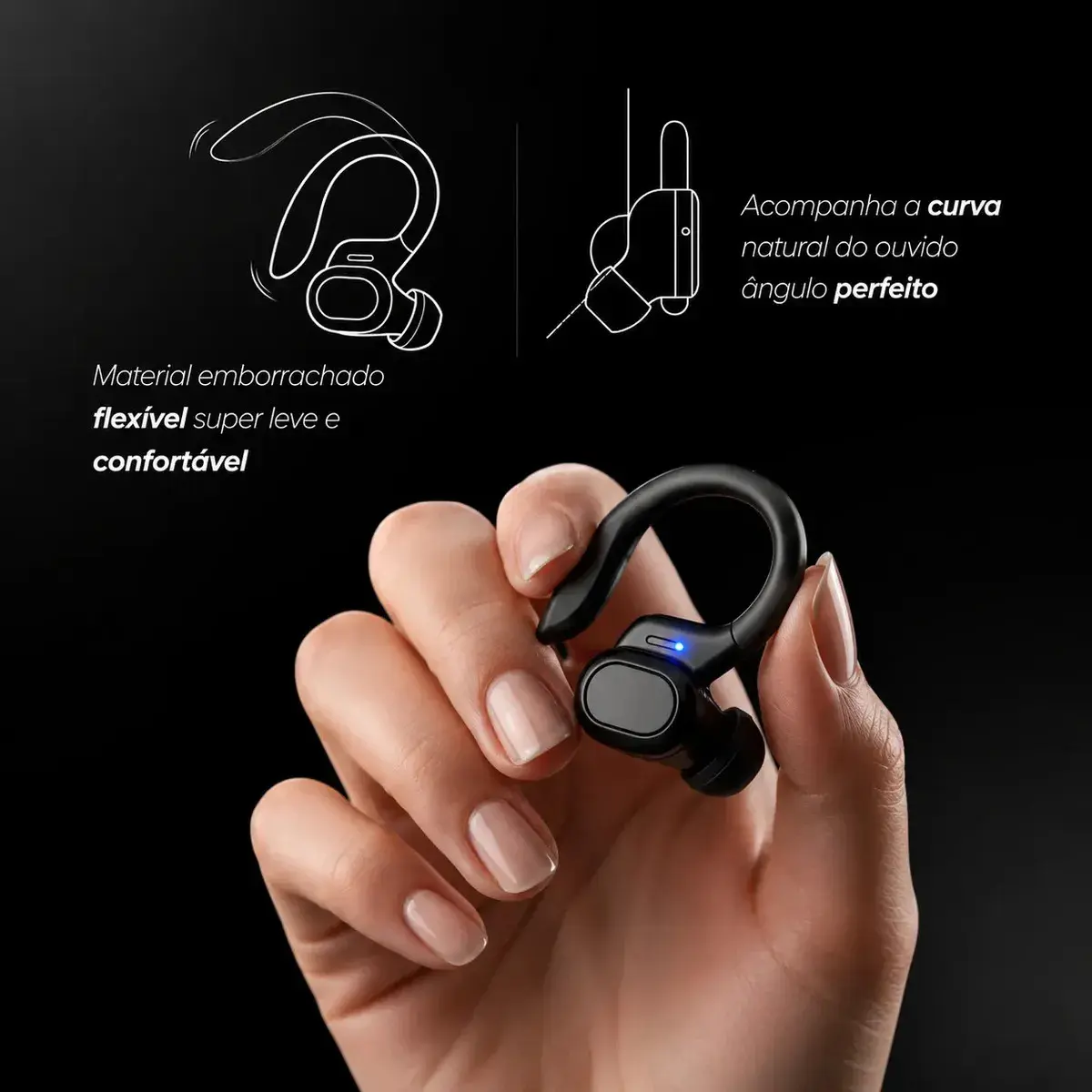 Fone de Ouvido Bluetooth 5.3 Tws Sem Fio Esportivo Compatível Com iPhone Samsung Xiaomi Motorola Com Gancho Premium KAPBOM Preto thumbnail 8
