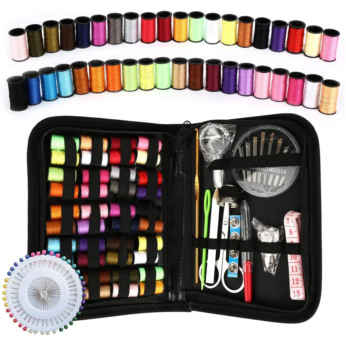 Kit de Costura Portátil Completo, 128 Peças, Estojo Preto com Linhas Coloridas, Agulhas, Tesoura, Acessórios para Reparo e Costura