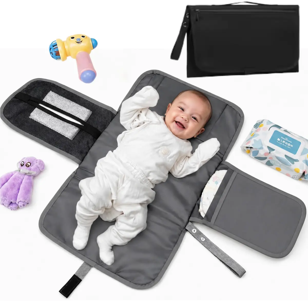 Trocador de Fraldas Portátil Premium Trocador Portátil para Meninas e Meninos Recém-nascidos de Bebê com bolso – Porta Fraldas Kit de Troca de Viagem à Prova d'água Textil (Preto)