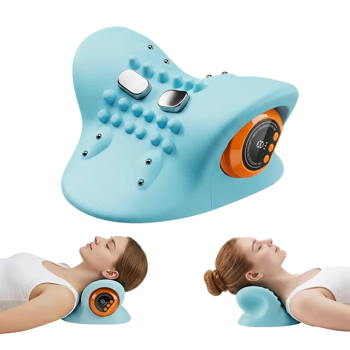 Almofada de Massagem para Pescoço com Calor, 3 Modos e 3 Níveis de Temperatura, Design Ergonômico, Vibratória, para Alívio de Dor e Rigidez, Azul
