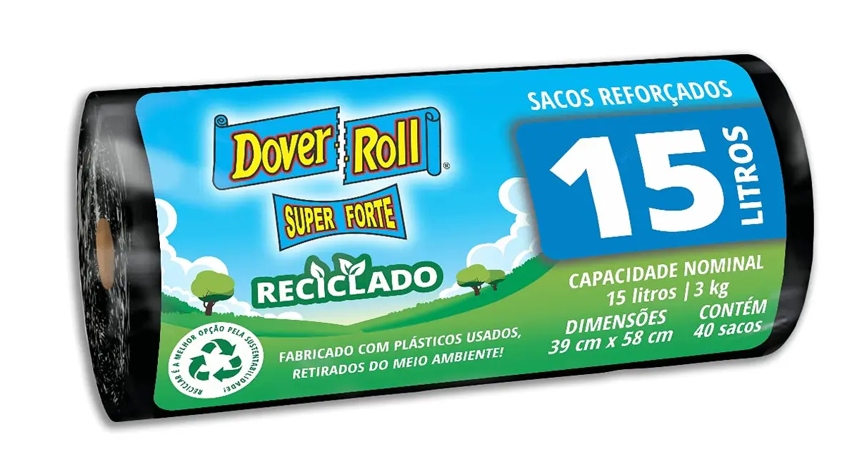 Dover-Roll Super Forte Reciclado 15L Preto, Rolo com 40 Sacos para Lixo