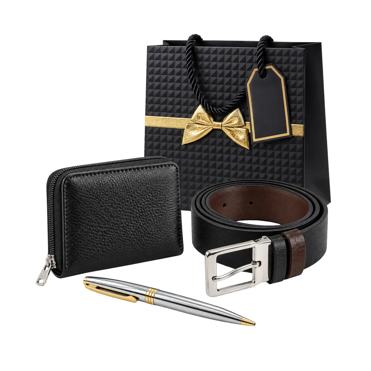 Kit Masculino 3 Peças com Cinto Dupla Face 130 cm, Carteira 100% Couro e Caneta com Estojo Acrílico - Presente Masculino Homem (Presente Premium)