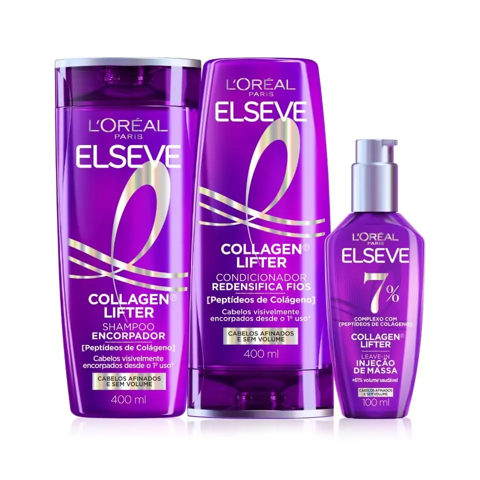 Shampoo Condicionador Sérum Elseve L'Oréal Colágeno 400ml+400ml+100ml | Protocolo reconstrutor, volume 3D, brilho imediato, fios finos, proteção térmica de 230°C, encorpamento ativo - 1