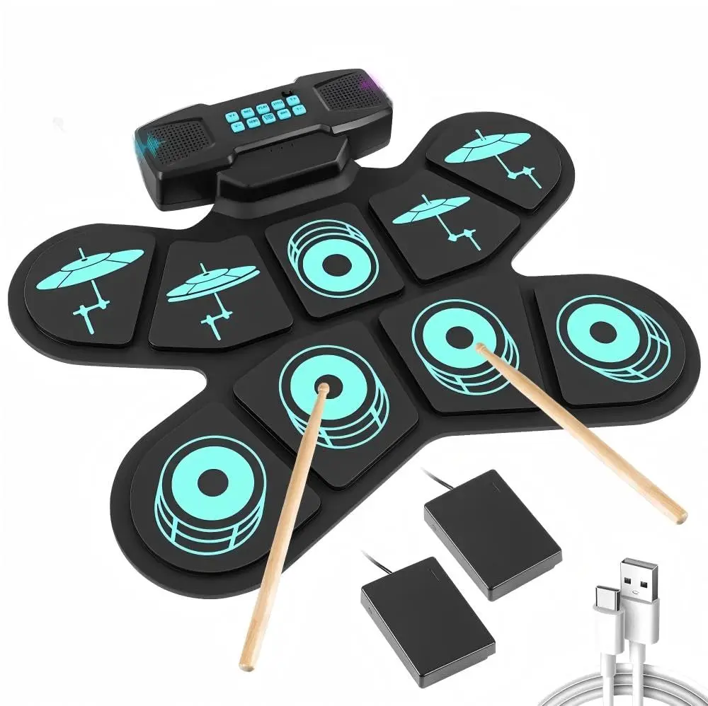 Bateria Eletrônica Portátil com 9 Pads e Pedal, Conjunto de Bateria Elétrica, Kit de Bateria Eletrônica Portátil, Almofada de Prática de 9 Tambores