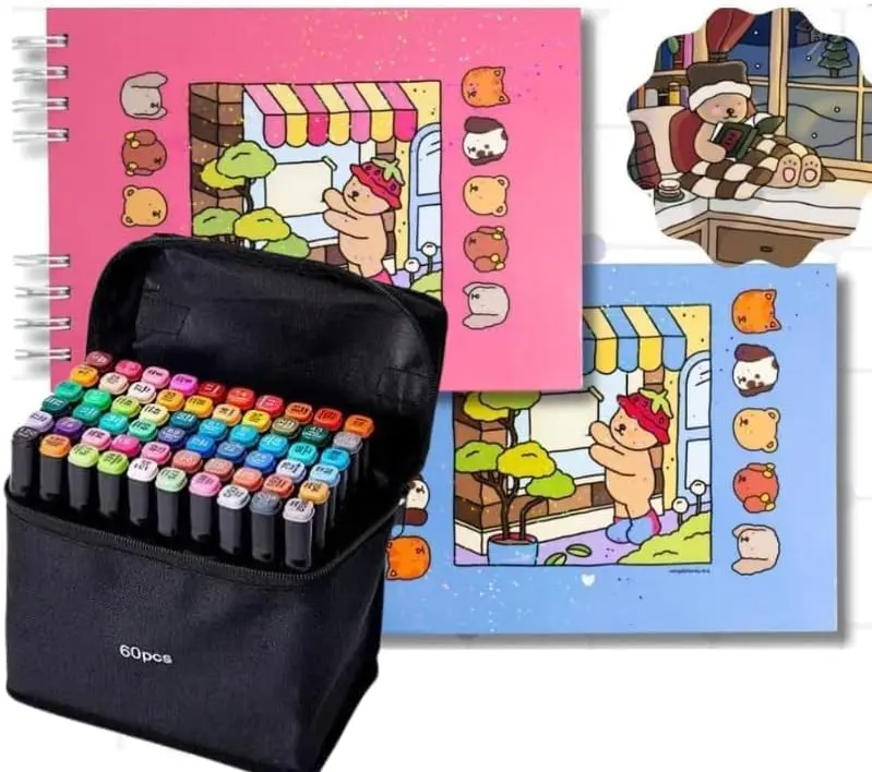 Kit Livro de Colorir + Canetas Ponta Dupla 12 a 120 cores | Capa Dura Holográfica, Papel Premium | Ursinhos Fofos – Ideal para Crianças e Adultos (12, 24, 36, 48, 60, 80 e 120 Cores) (12, Azul)
