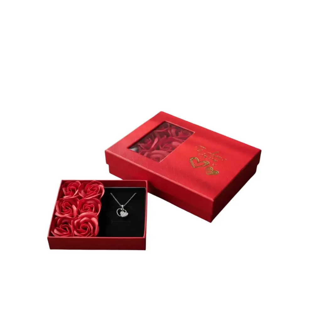 Caixa Rosa Colar Coração Joia Aleatória Feminino Kit Presente Flor Eterna - 1