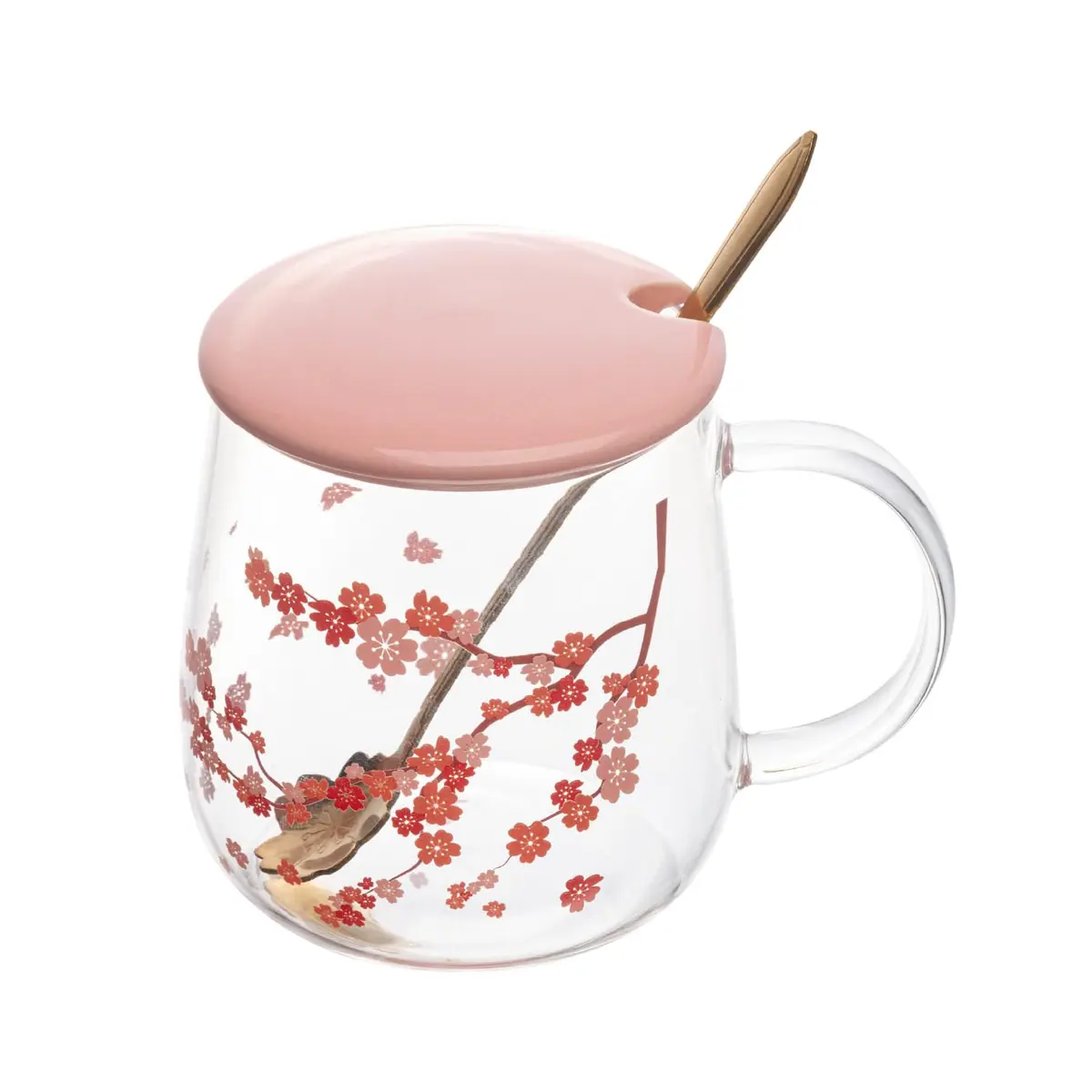 WOLFF - Caneca de Vidro com Tampa e Colher Sakura 500Ml - 1