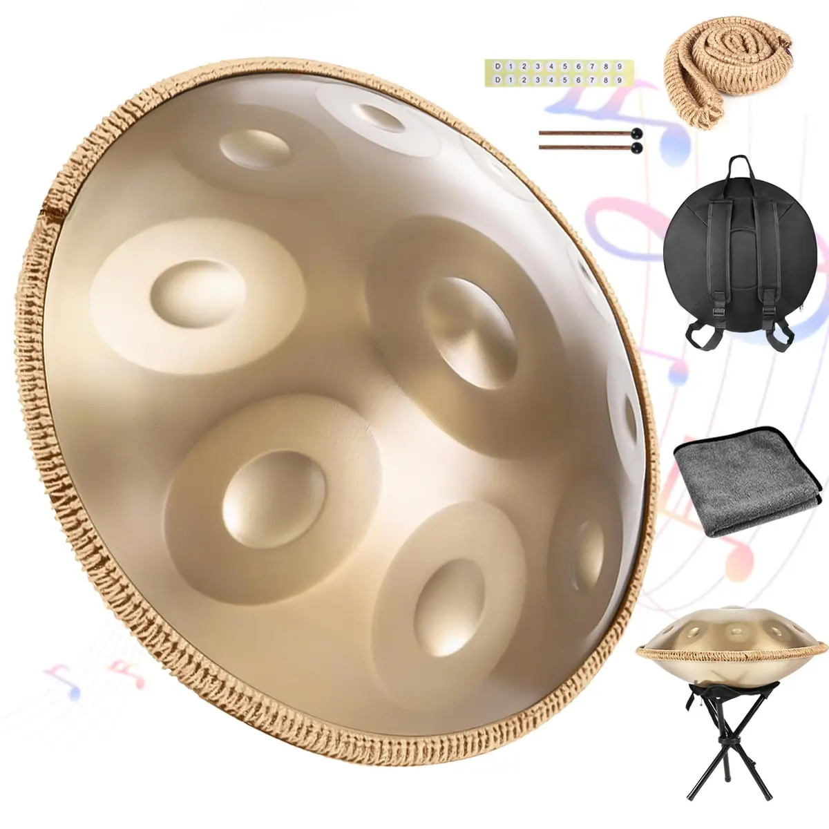 440 Hz Handpan com adesivos de Notas e Marretas, 9 Notas, D menor Curdo, Tambor Handpan, Instrumento de Percussão, Tambores de Mão para Adultos, Suporte para Handpan