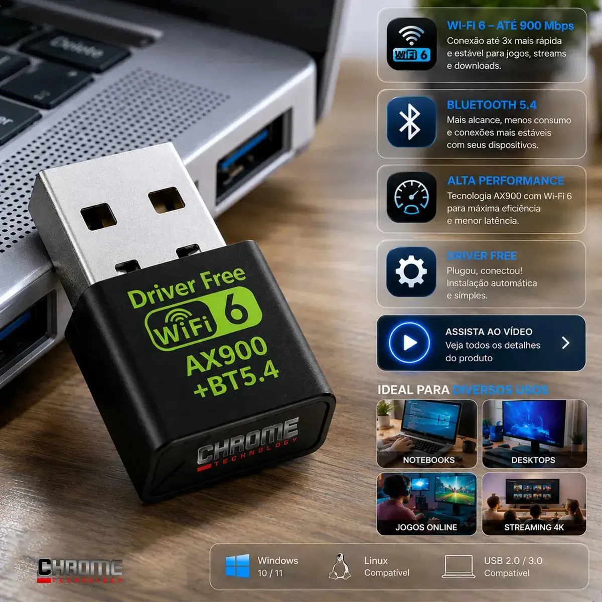 Adaptador Usb Wifi 6 Bluetooth 5.4 Alta Velocidade Placa Wi-fi Blueetoth Adaptador Wi-fi Pc Placa Wifi Pc notebook etc Adaptado Wireless Sem Fio Receptor Internet Marca Chrome Technology - 1