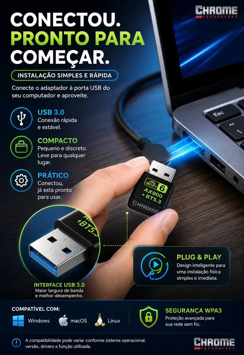 Adaptador Usb Wifi 6 Bluetooth 5.4 Alta Velocidade Placa Wi-fi Blueetoth Adaptador Wi-fi Pc Placa Wifi Pc notebook etc Adaptado Wireless Sem Fio Receptor Internet Marca Chrome Technology thumbnail 3