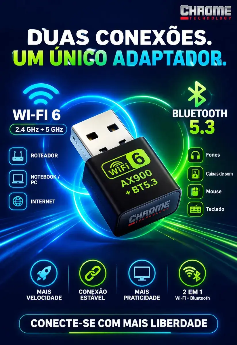 Adaptador Usb Wifi 6 Bluetooth 5.4 Alta Velocidade Placa Wi-fi Blueetoth Adaptador Wi-fi Pc Placa Wifi Pc notebook etc Adaptado Wireless Sem Fio Receptor Internet Marca Chrome Technology thumbnail 5