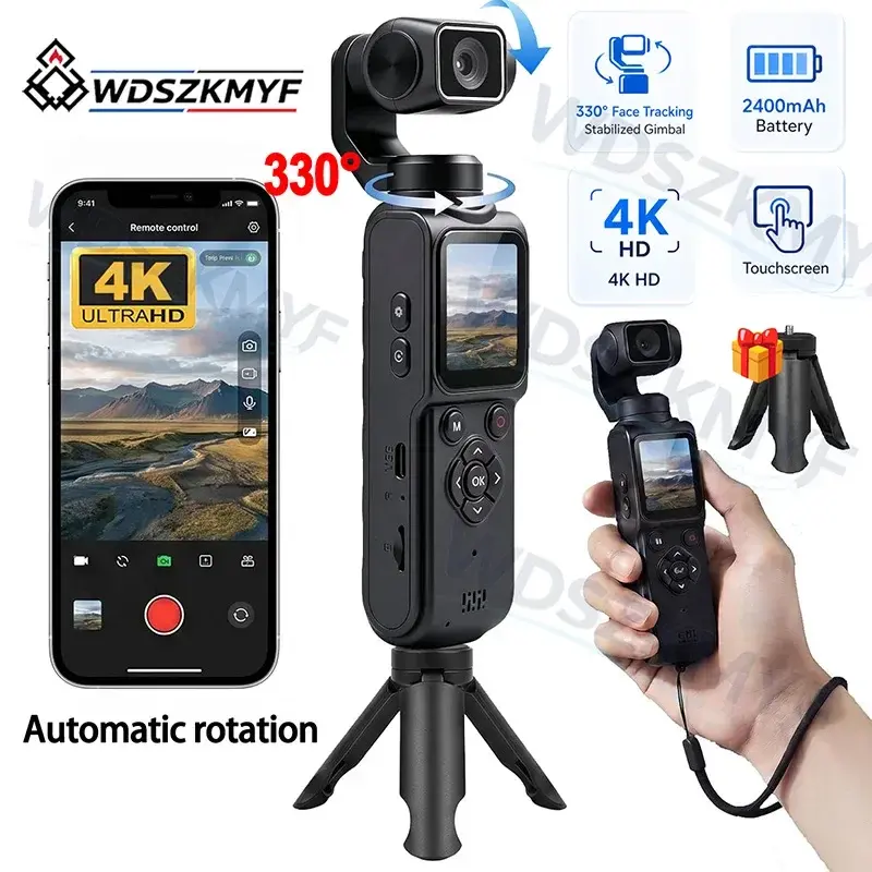 Nova Câmera de Ação 4K com 330 ° Estabilizador de Gimbal com Rastreamento Facial e Câmera Fotográfica de Bolso WiFi de 75MP com Tela Sensível ao Toque
