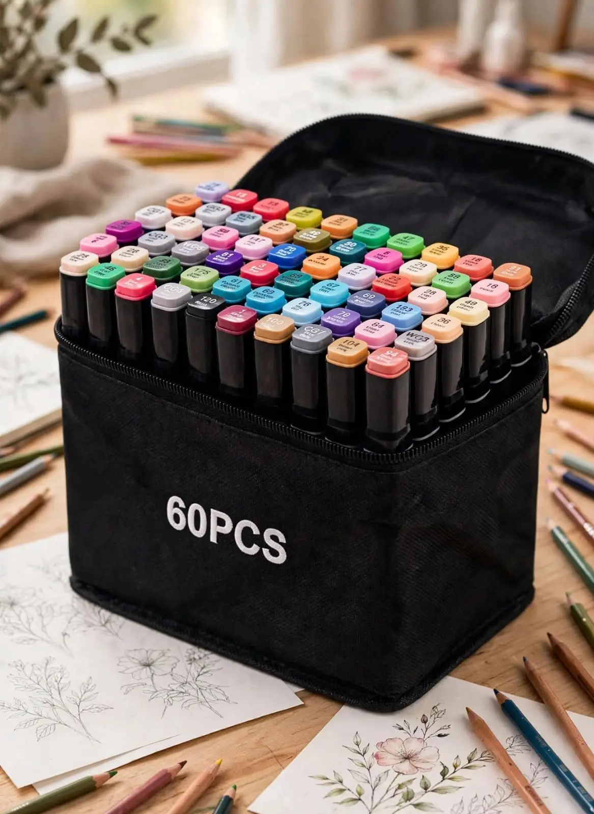 Kit de 60 Canetas Marcador Permanente Ponta Dupla Coloridas para Desenho Profissional Escolar Infantil com Estojo Organizador Base Artista Canetinhas Hidrográficas Alcool Caneta para Colorir