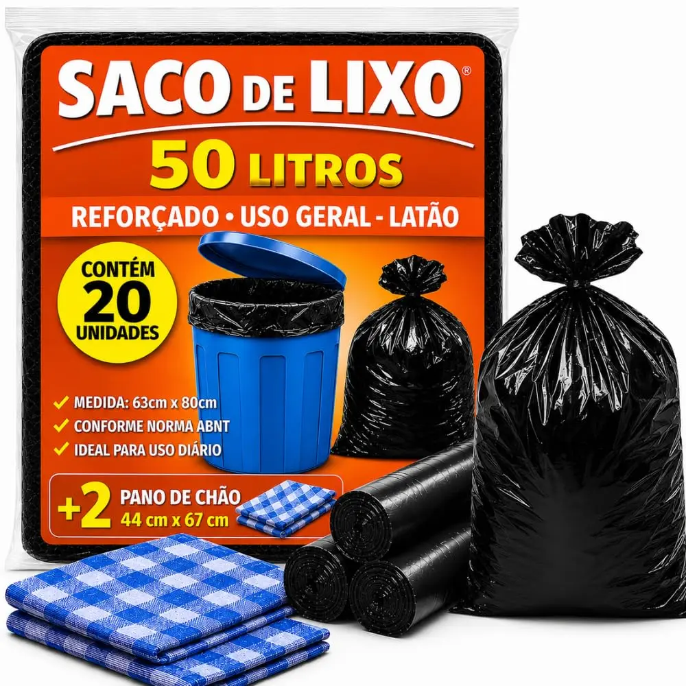 KIT SACO DE LIXO PRETO 50 LITROS C/ 20 UNIDADES + 2 PANOS DE CHÃO XADREZ 44 X 67 CM, UTILIZAÇÃO EM TAMBOR, CASA, COMÉRCIO, EMPRESA E USO GERAL, TAMANHO ABNT