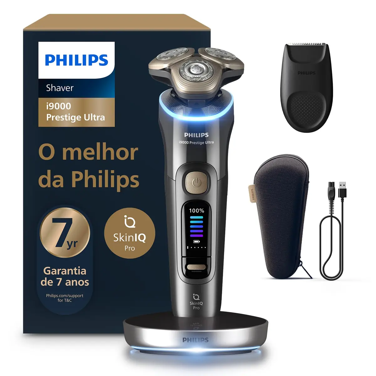 Philips Barbeador Elétrico Shaver i9000 Prestige Ultra com SkinIQ Pro | Sistema Triple Action para barbear rente | 5 modos de barbear | 60 minutos de autonomia | Uso seco ou molhado | XP9402/11