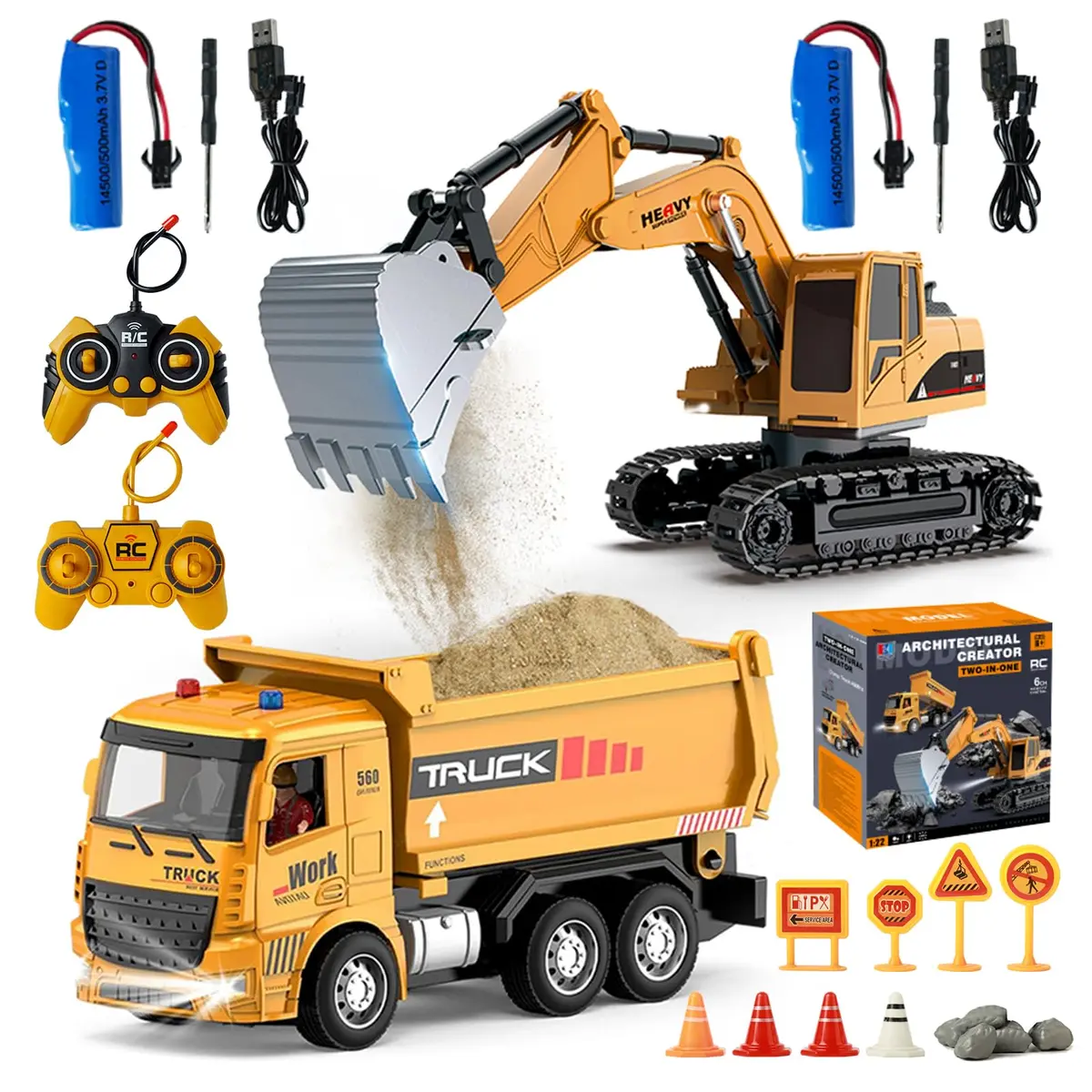 Escavadeira Carros de Controle Remoto, Caminhão de Construção de RC, Escavadeira, Brinquedo 2 em 1 com Luzes, Escala 1:20, 2.4GHz com 2 Baterias Recarregáveis - 1