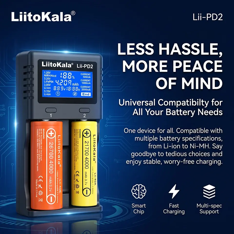 Carregador Inteligente Universal LiitoKala Lii-PD2 com 2 Slots e Display LCD para Baterias Li-ion 18650, 26650, 32700, Lanterna, Power Bank e Uso Doméstico