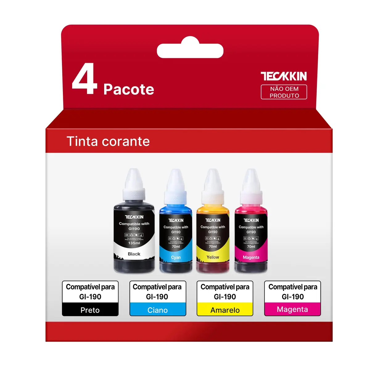 TECKKIN Refil de Tinta compatível com Canon Gi-190 190 GI190 para P/ G1100 | Compatível com Canon PIXMA G2100 G3100 G1100 G1110 G2100 G3100 G3102 G3110 G4102 G4110 (4 Botellas) - 1