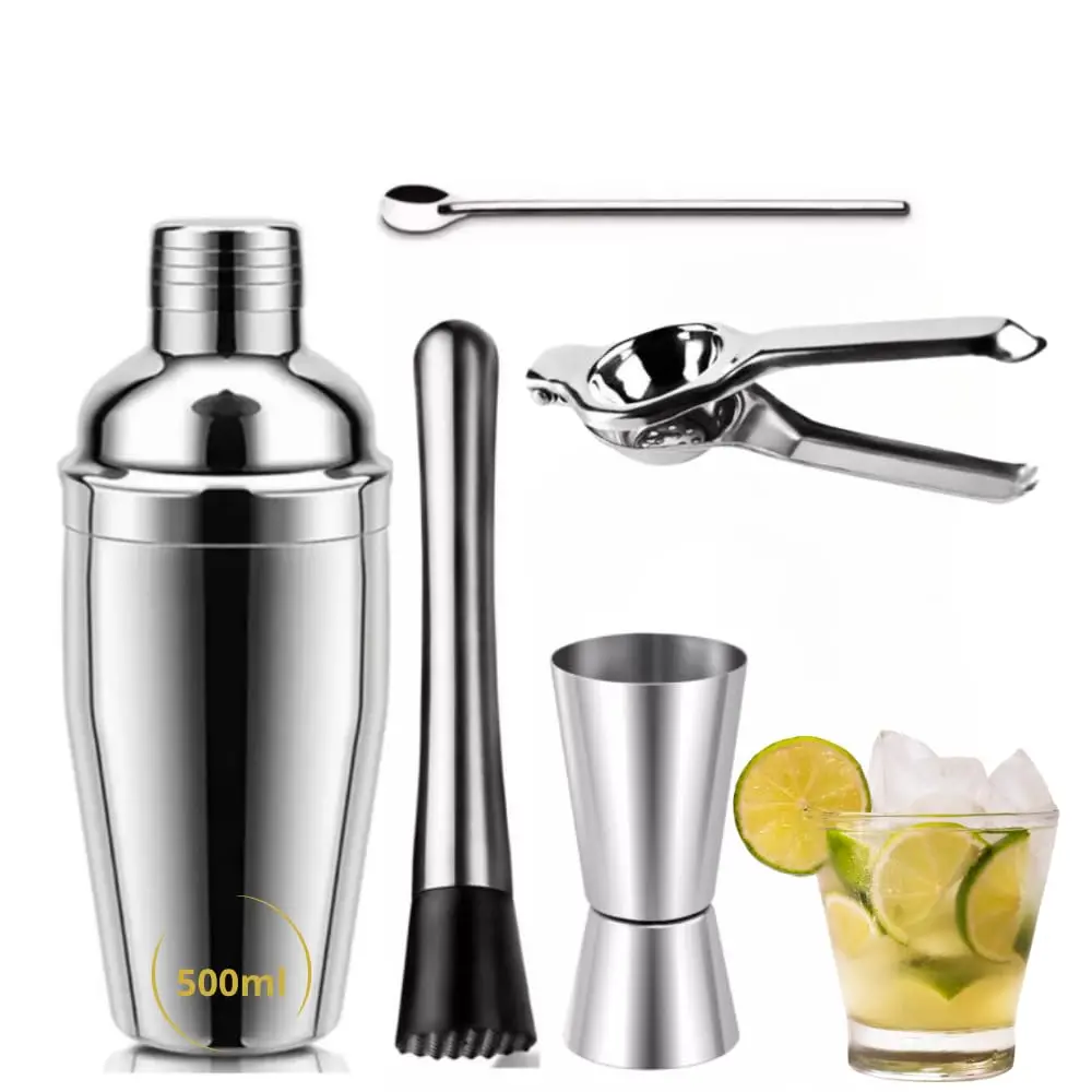 Kit Caipirinha Profissional, 750ml e 500ml, Kit Coqueteleira 5 Peças em Aço Inox, Shaker com Medidor e Acessórios para Bar (500ml)