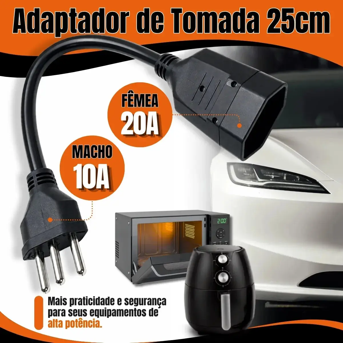 Adaptador Tomada 20A Para 10A Reforçado Bivolt Carregador Carro Elétrico Ar Condicionado Air Fry Micro-ondas