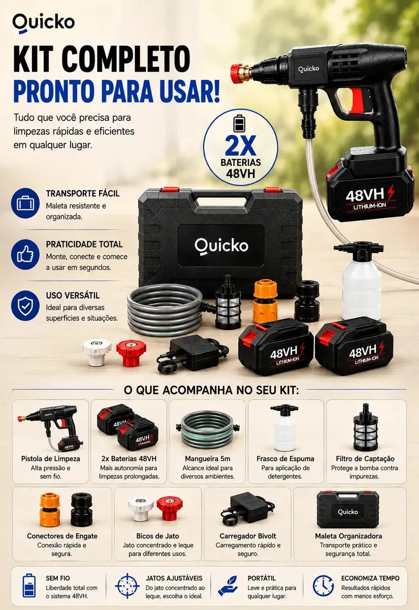 Lavadora De Alta Pressão Vap Portátil Sem Fio Bateria Lava Jato Elétrica Recarregável P/ Lavar Carro Moto Quintal C/ 2 Baterias Quicko Bico Mangueira Dispenser De Sabão Lavadora Alta Pressao Portátil thumbnail 3