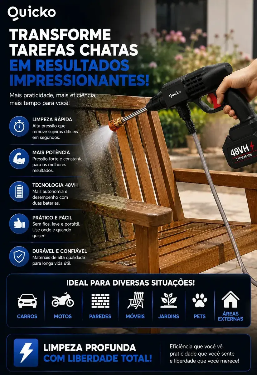 Lavadora De Alta Pressão Vap Portátil Sem Fio Bateria Lava Jato Elétrica Recarregável P/ Lavar Carro Moto Quintal C/ 2 Baterias Quicko Bico Mangueira Dispenser De Sabão Lavadora Alta Pressao Portátil thumbnail 4