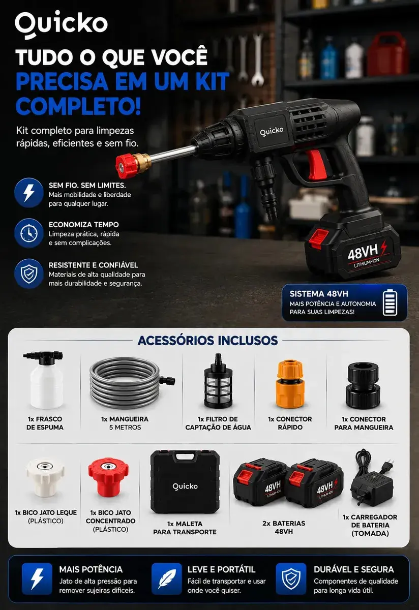 Lavadora De Alta Pressão Vap Portátil Sem Fio Bateria Lava Jato Elétrica Recarregável P/ Lavar Carro Moto Quintal C/ 2 Baterias Quicko Bico Mangueira Dispenser De Sabão Lavadora Alta Pressao Portátil thumbnail 6