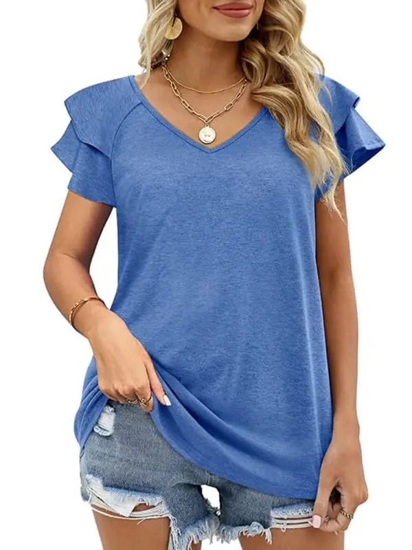 Feminina Manga Curta Camiseta V Pescoco Tops para o Verao