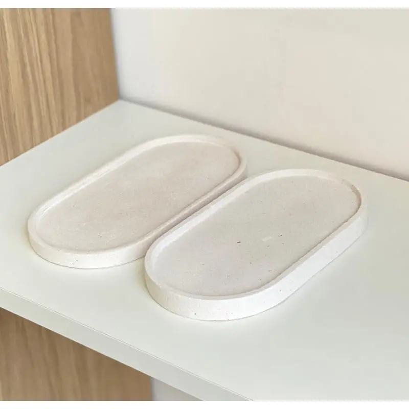 Kit com 2 Bandejas Ovais Decorativas em Cimento Branco Artesanal para Lavabo e Organização(2 Peças Branco Areia) - 1