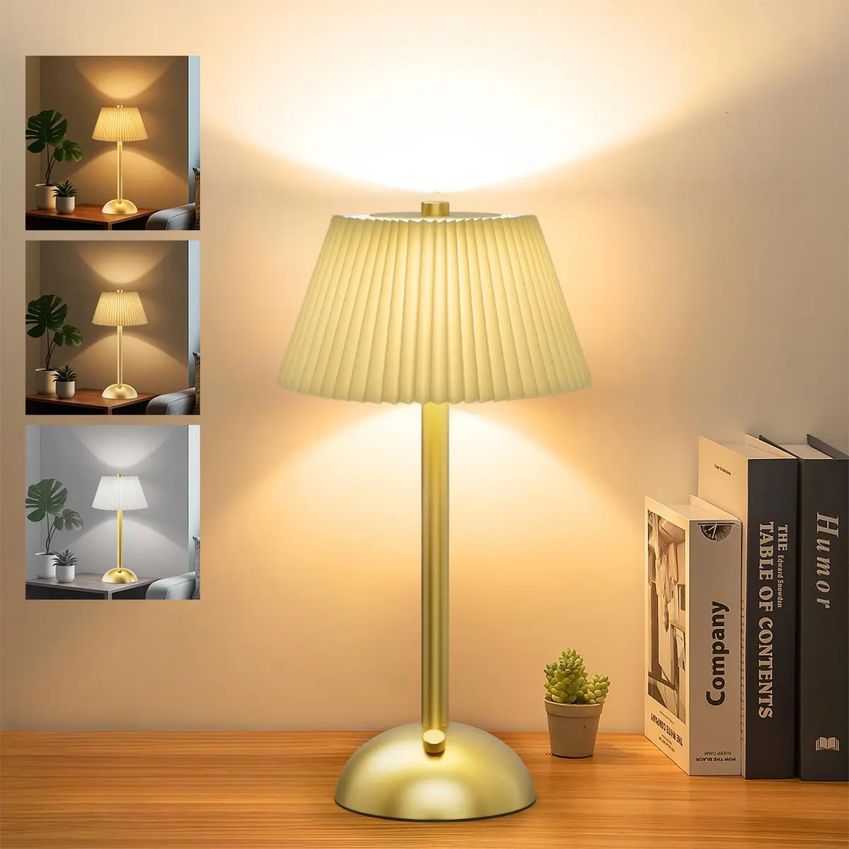 Luminária de Mesa LED com Base Metálica, 3 Temperaturas de Cor, Controle por Toque, Abajur de Tecido Bege, USB 3V, Bege