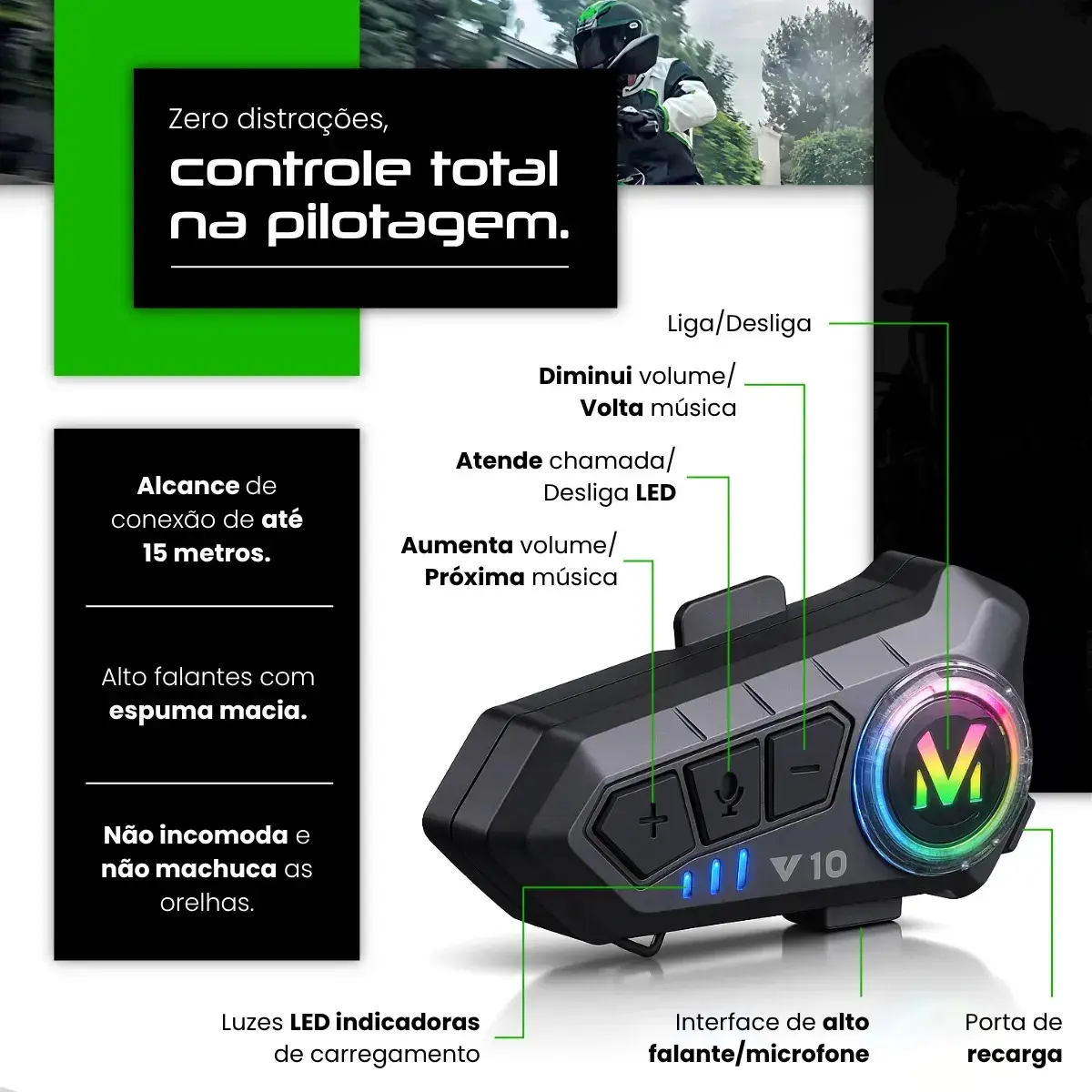 Fone De Ouvido Para Capacete Moto Bluetooth Motoboy Headset Rgb Sem Fio Kateluo thumbnail 5