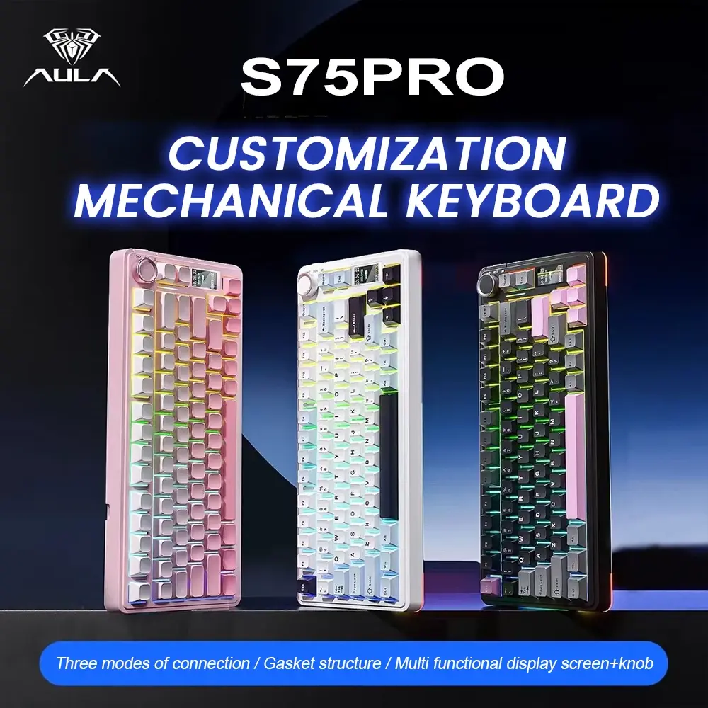 Teclado mecânico para jogos AULA S75 Pro 75% Hot Swappable RGB retroiluminado 4000mAh PBT Keycaps Teclado sem fio com botão de tela LED - 1
