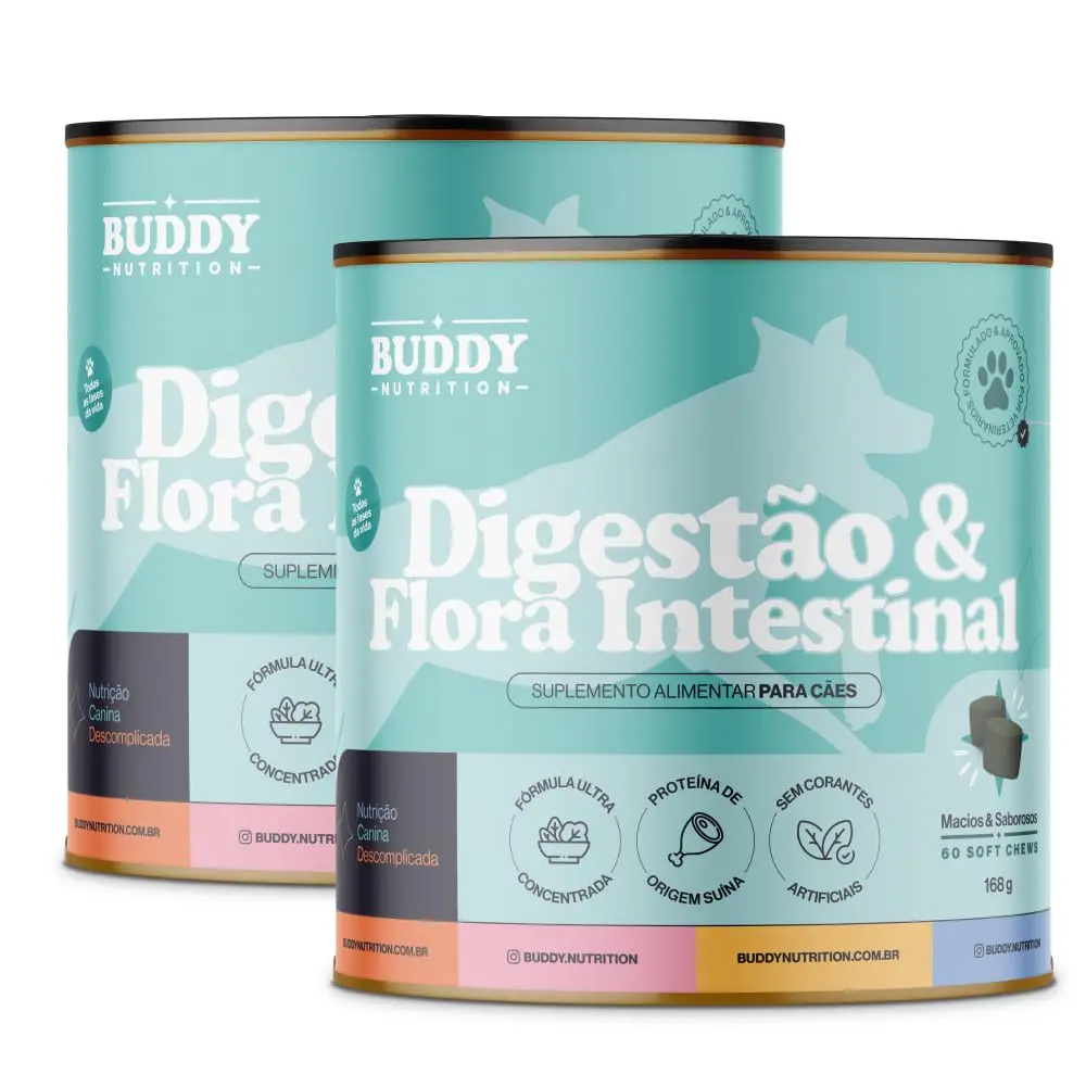 Tabletes Mastigáveis Buddy Nutrition, 60 Unidades, 168g | (2 latas) Suplemento Para Cães, Proteína De Origem Suína, Prebióticos, Probióticos, Betaglucanas, Espirulina, Cúrcuma, FOS