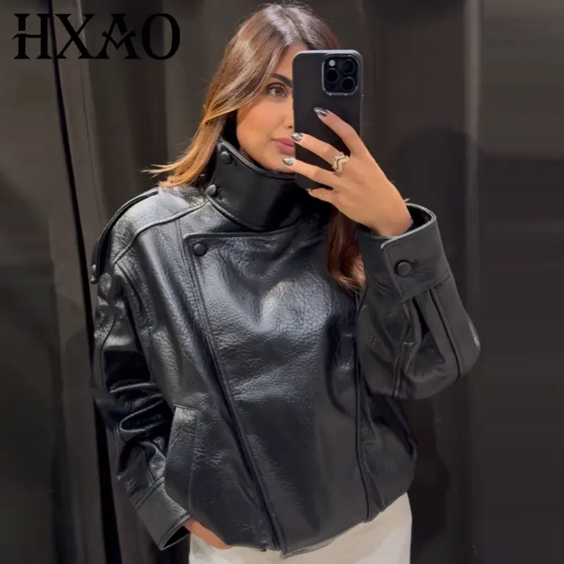 Hxao jaquetas pretas de couro sintético para mulheres, jaqueta bomber recortada de tamanho grande com zíper, casacos de manga comprida para motocicleta