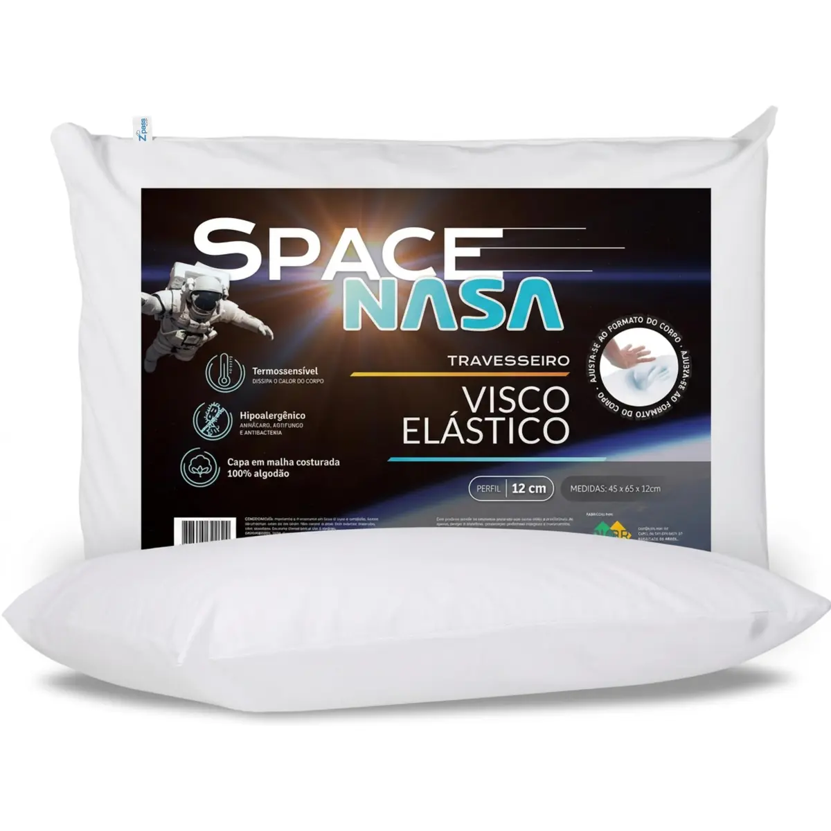 Z Pass Sleep Travesseiro Nasa Space Viscoelástico Médio Altura 12cm Visco D40 Premium Capa 100% algodão para fronhas 50x70cm - Branco