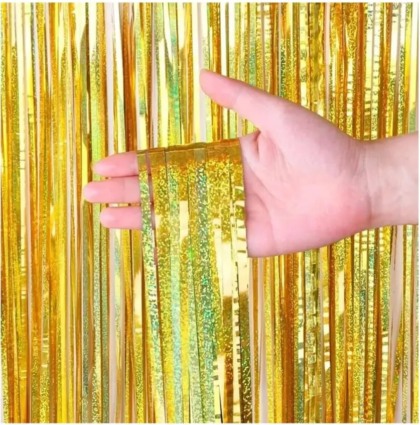 Kit 2pçs Cortina Metálica Holografica Decorativa 2x1 Metros (DOURADO) | Decoração brilhante para festas, aniversários, casamentos e painéis fotográficos - 1