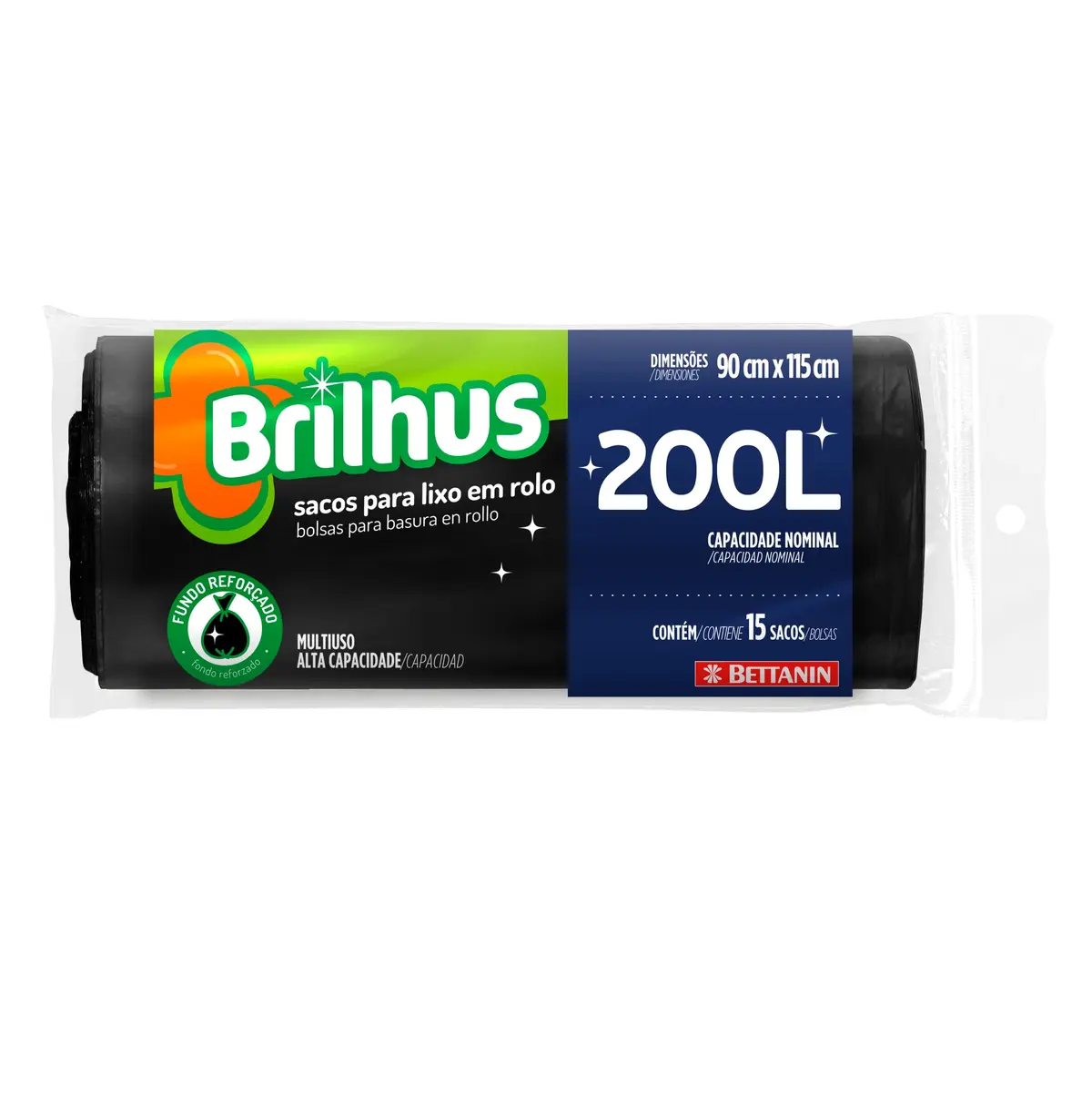 Brilhus - Saco para Lixo Rolo com 15 Sacos de 200 Litros, Cor Preta, Bettanin