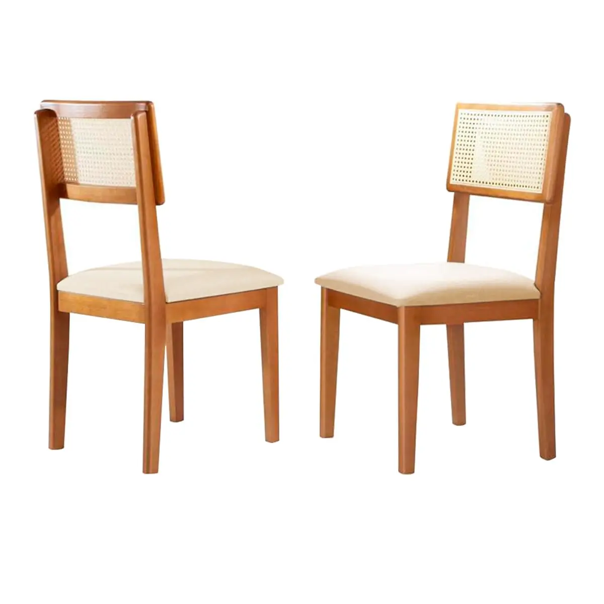 Kit 2 Cadeiras de Jantar Estofada de Madeira com Encosto em Rattan - Holanda (Linho Bege) - 1