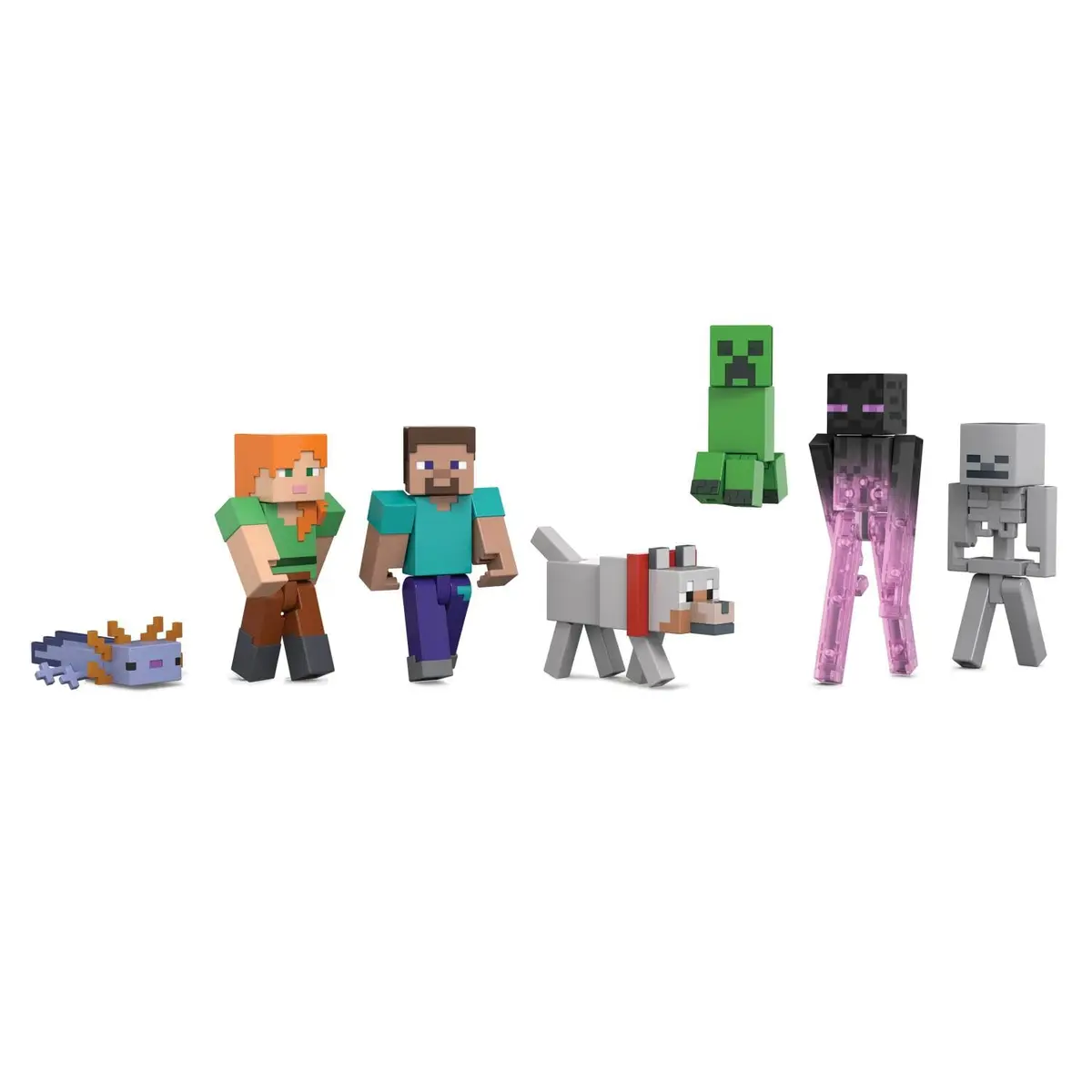 Minecraft - Conjunto de 7 figuras de ação, Pack World Builder, coleção de personagens em Escala de 8,3 cm, inclui Steve, ARI, Enderman e mais