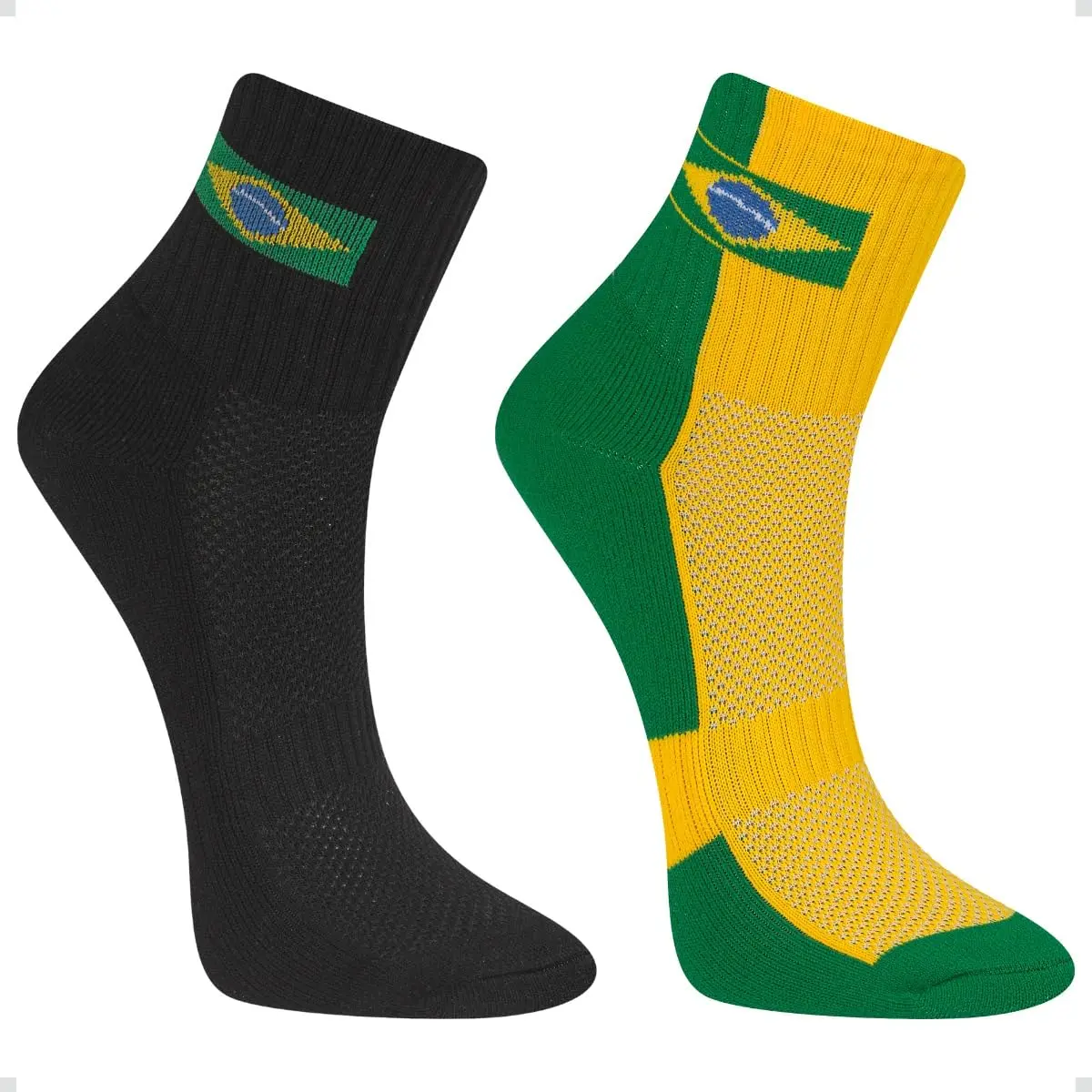 Kit 2 Pares Meia Copa do Mundo Brasil Poliamida Cano Médio Unissex Listrada Bandeira Performance - 1