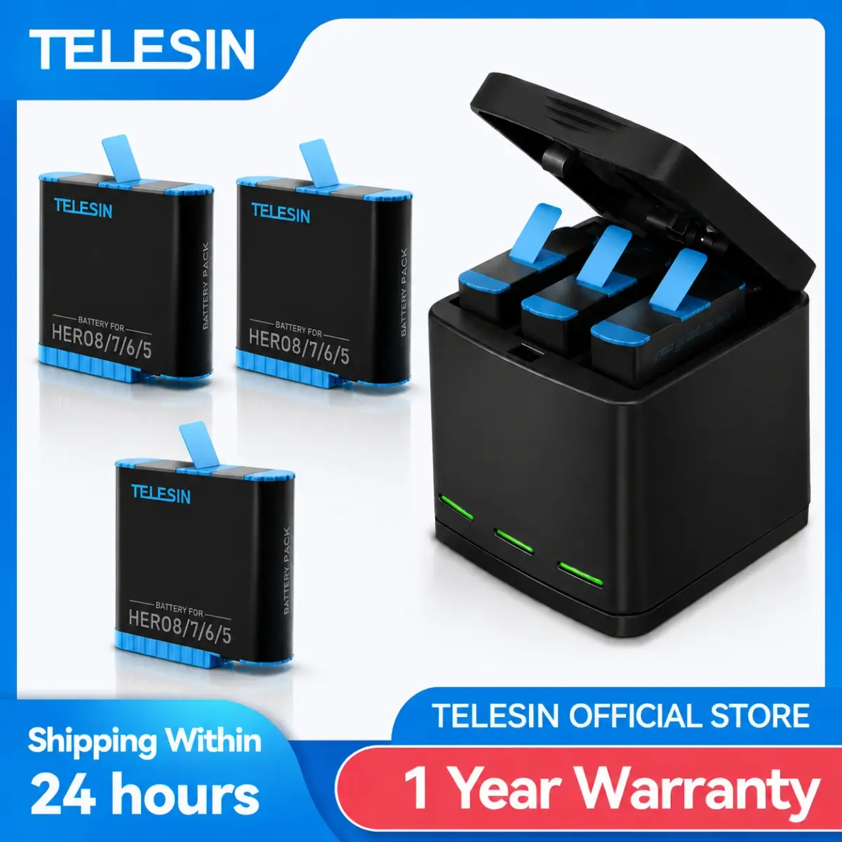 Telesin 1220mah 3 pacote bateria 3 slots led luz carregador de bateria caixa armazenamento tipo c cabo para gopro hero 5 6 7 8 câmera preta