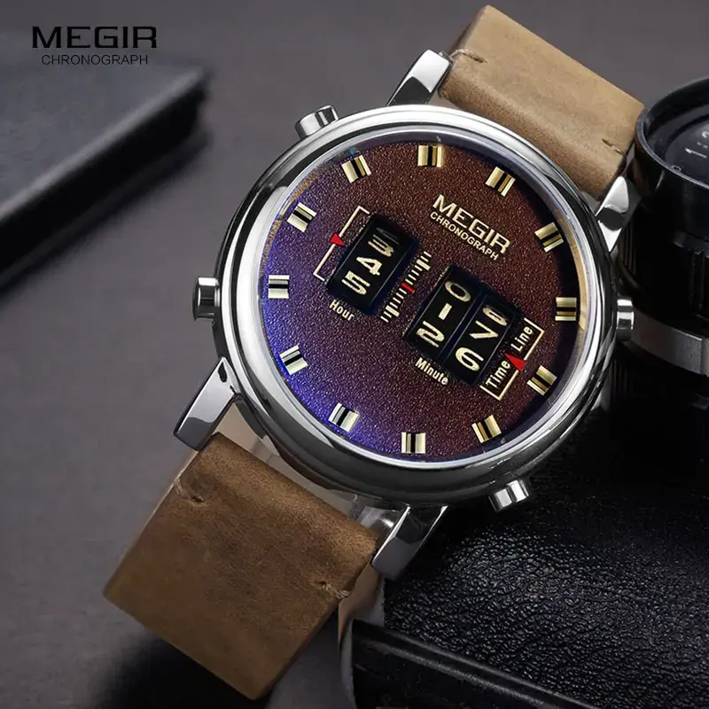 Megir-relógio de pulso masculino, quartzo, marrom, couro, com rolo, faixa superior, militar, esporte, luxo, 2137, novo, 2019