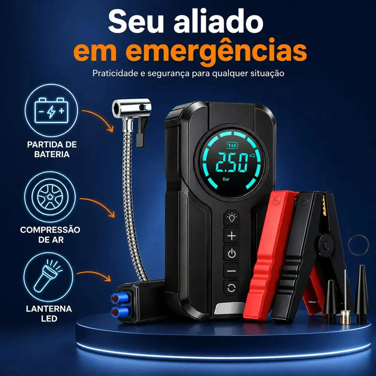 Auxiliar de Partida e Compressor de Ar Portátil 6 em 1 Inteligente para Carro, Moto e Bicicleta com Lanterna e Power Bank thumbnail 2