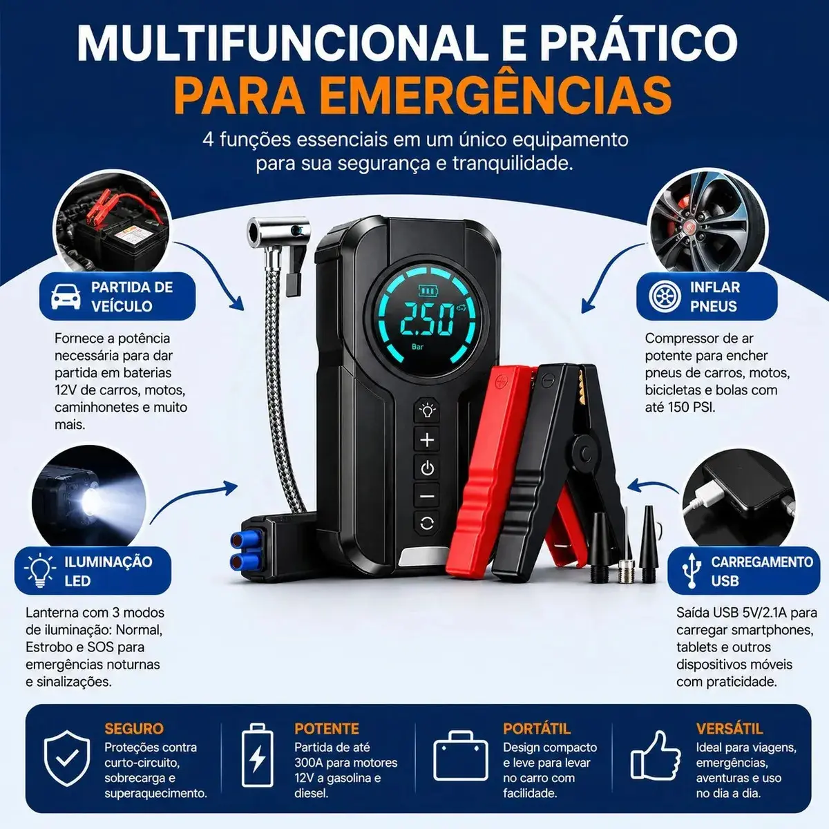 Auxiliar de Partida e Compressor de Ar Portátil 6 em 1 Inteligente para Carro, Moto e Bicicleta com Lanterna e Power Bank thumbnail 3