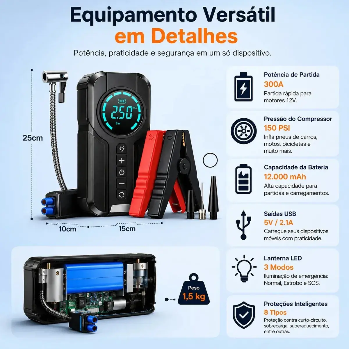 Auxiliar de Partida e Compressor de Ar Portátil 6 em 1 Inteligente para Carro, Moto e Bicicleta com Lanterna e Power Bank thumbnail 4