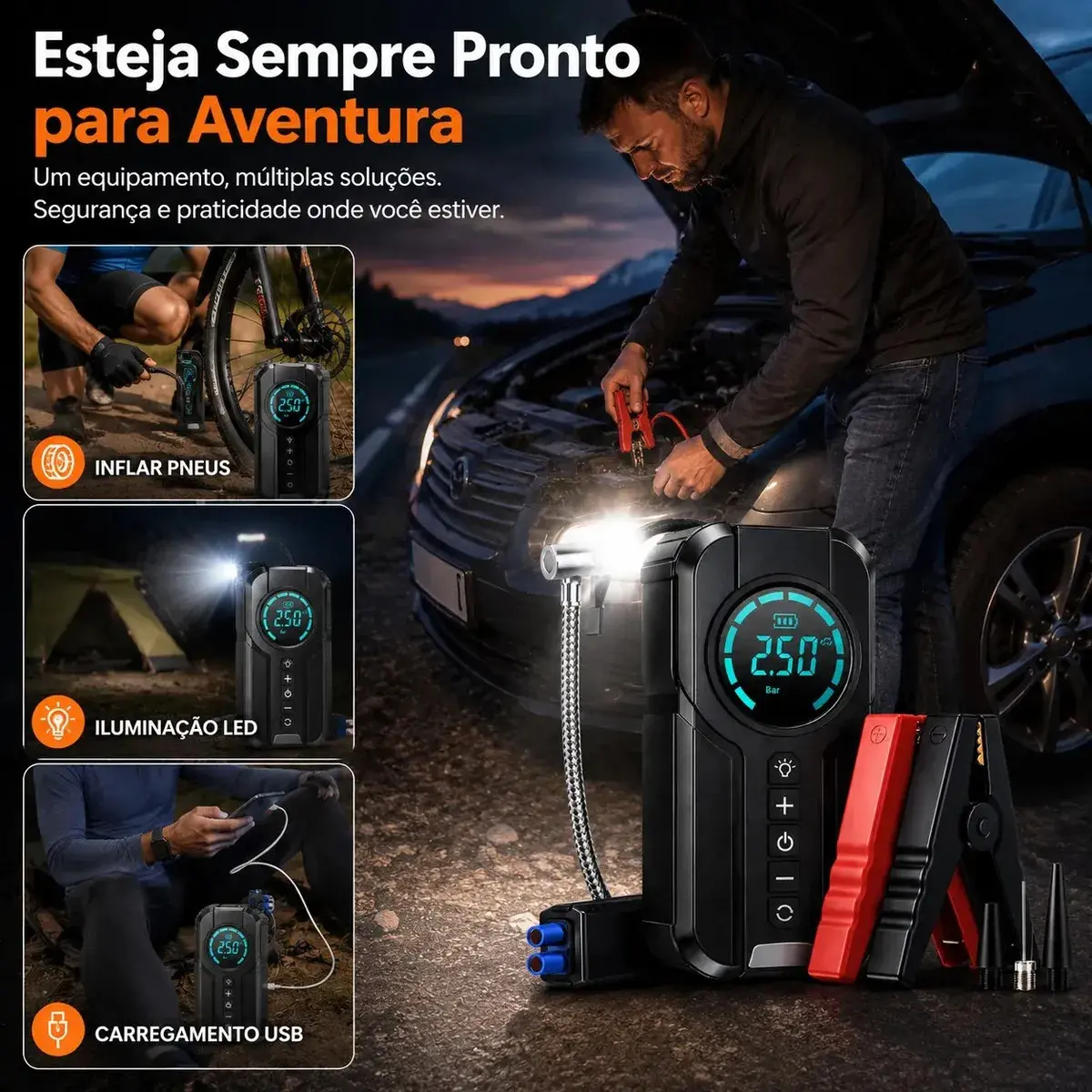 Auxiliar de Partida e Compressor de Ar Portátil 6 em 1 Inteligente para Carro, Moto e Bicicleta com Lanterna e Power Bank thumbnail 5