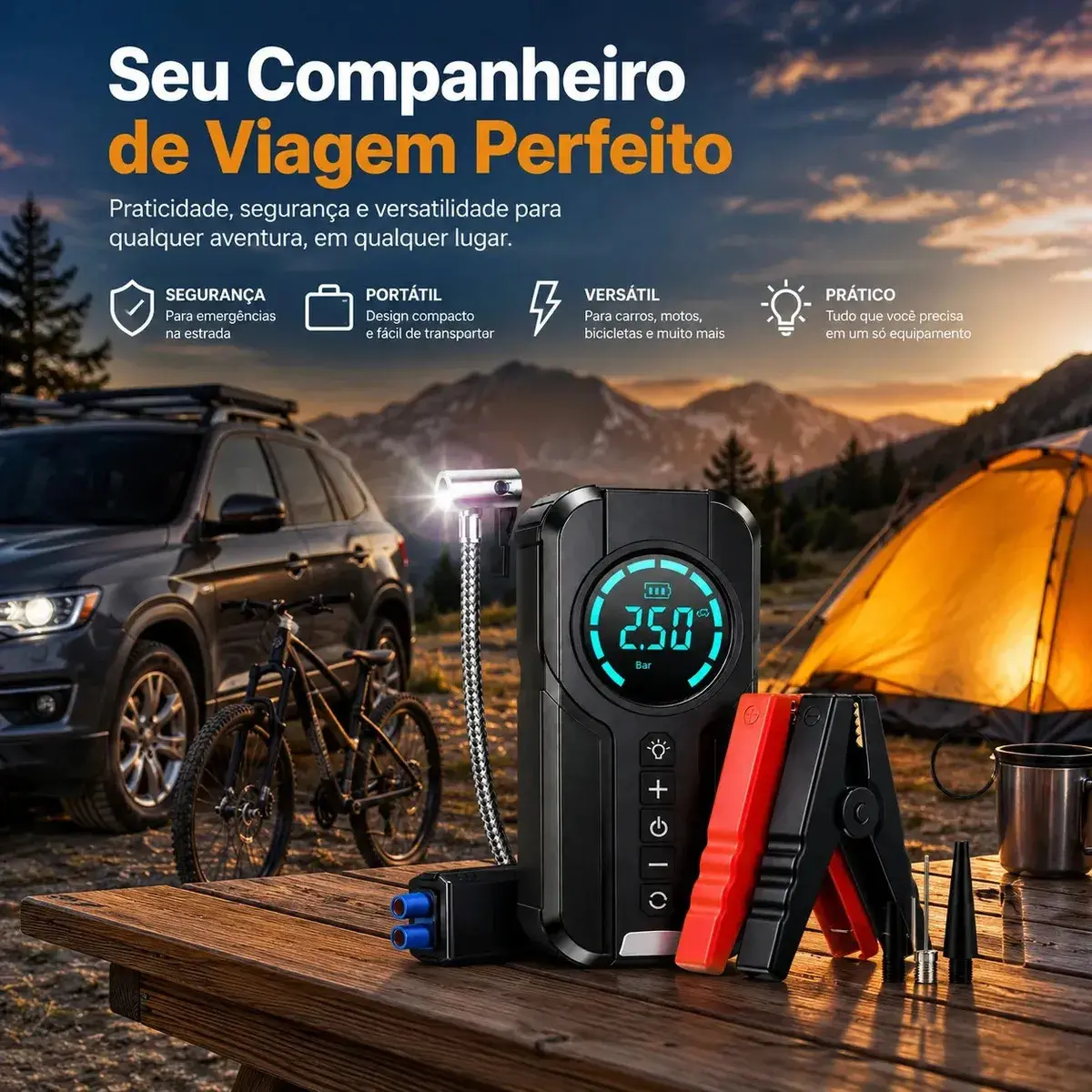 Auxiliar de Partida e Compressor de Ar Portátil 6 em 1 Inteligente para Carro, Moto e Bicicleta com Lanterna e Power Bank thumbnail 6