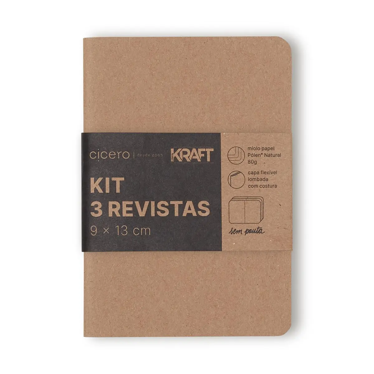 Kit 3 Cadernetas Costuradas Básica, Cicero, 3050, Bege, Pequeno (9X13)