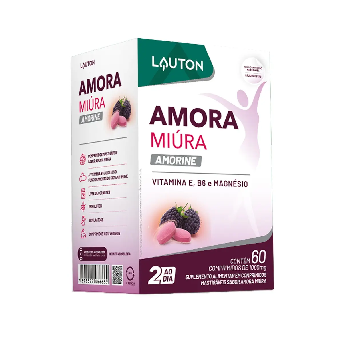 Amora Miura Premium (Clinical Series) 60 Cps | Lauton Nutrition | Amora Miúra 1300mg com vitaminas B6, E e magnésio. Mastigável sabor amora. Sem glúten, lactose e vegano. - 1