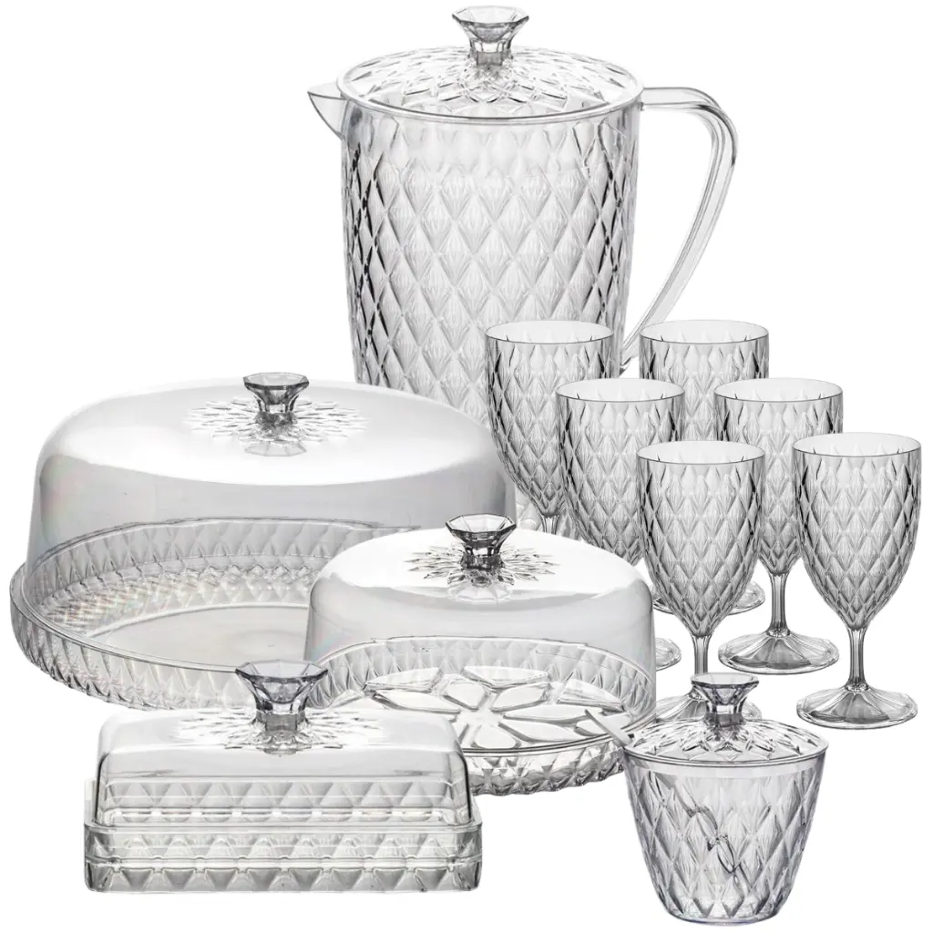 Kit Mesa Posta Glamour 11 Peças – Café da Manhã Completo com Jarra + Queijeira + Manteigueira + Açucareiro + Boleira